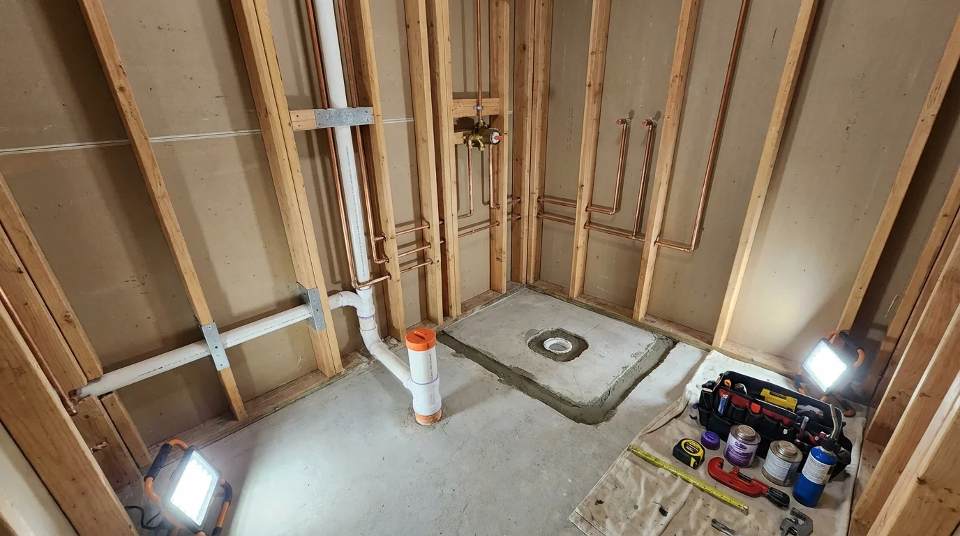 Bathroom rough-in plumbing during remodel by Johns Plumbing LLC in Tunkhannock