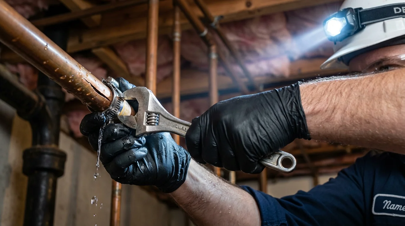 Emergency pipe clamp repair being performed by a Johns Plumbing LLC plumber in Tunkhannock