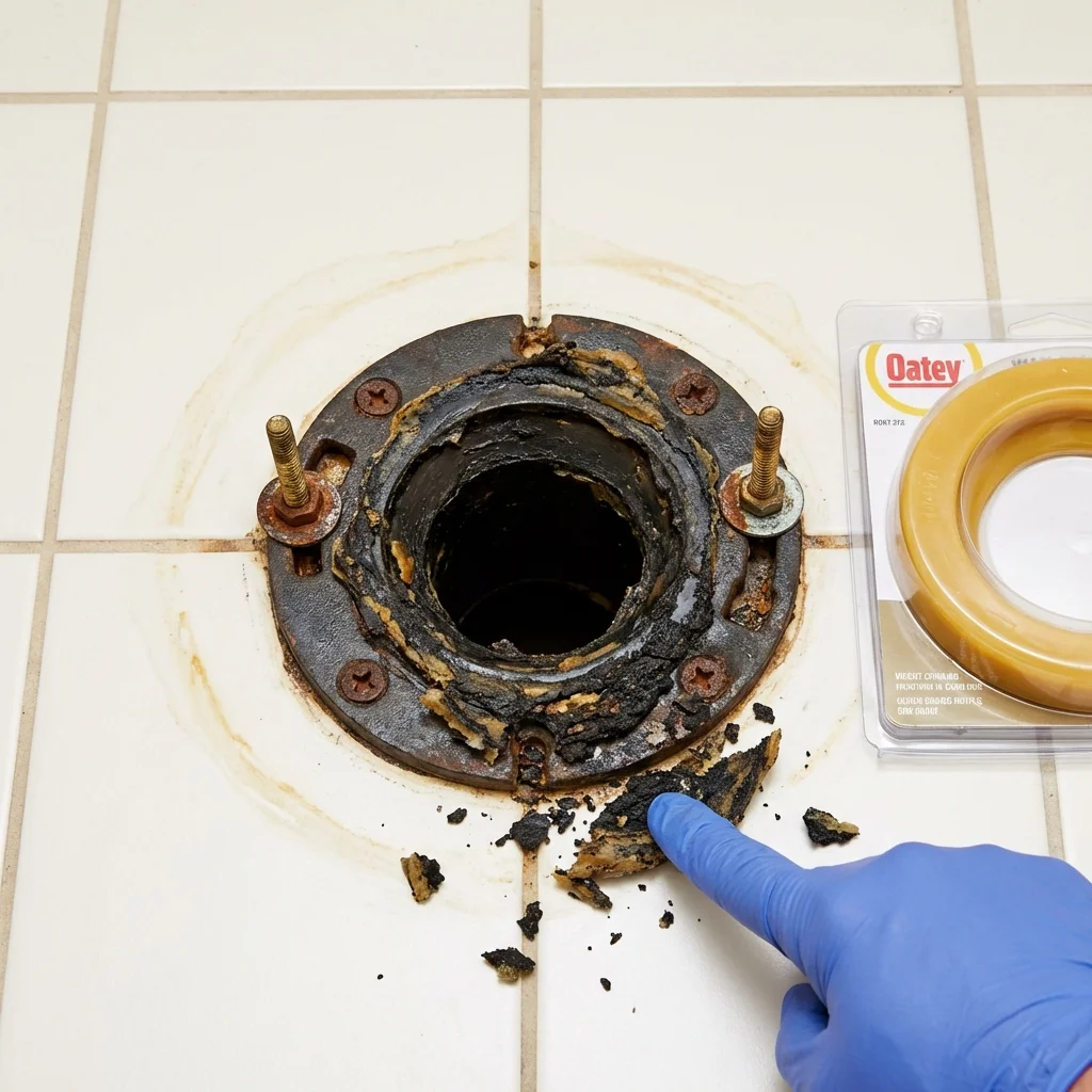 Failed wax ring showing water seepage at the base of a toilet in a Tunkhannock, PA home