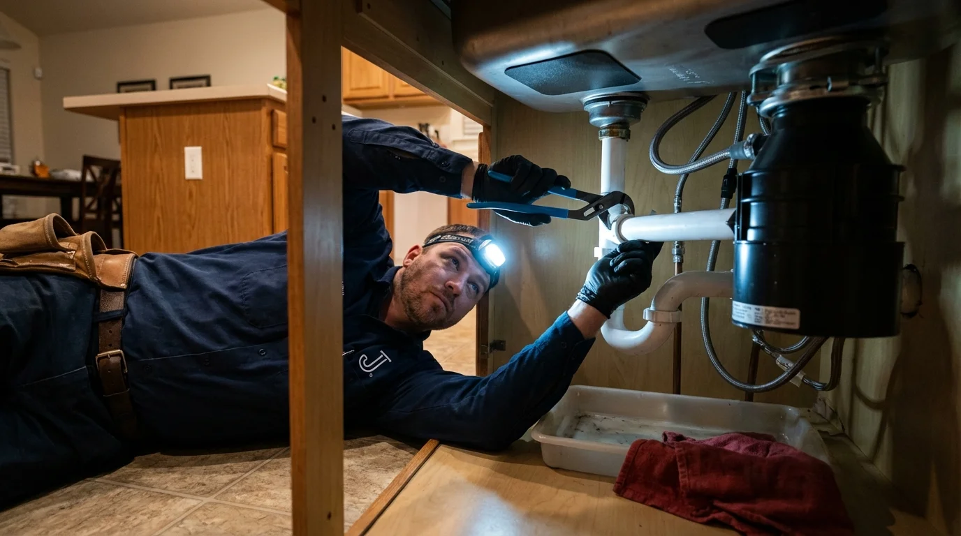 P-trap and supply line connections under a kitchen sink showing a common leak point in Tunkhannock, PA